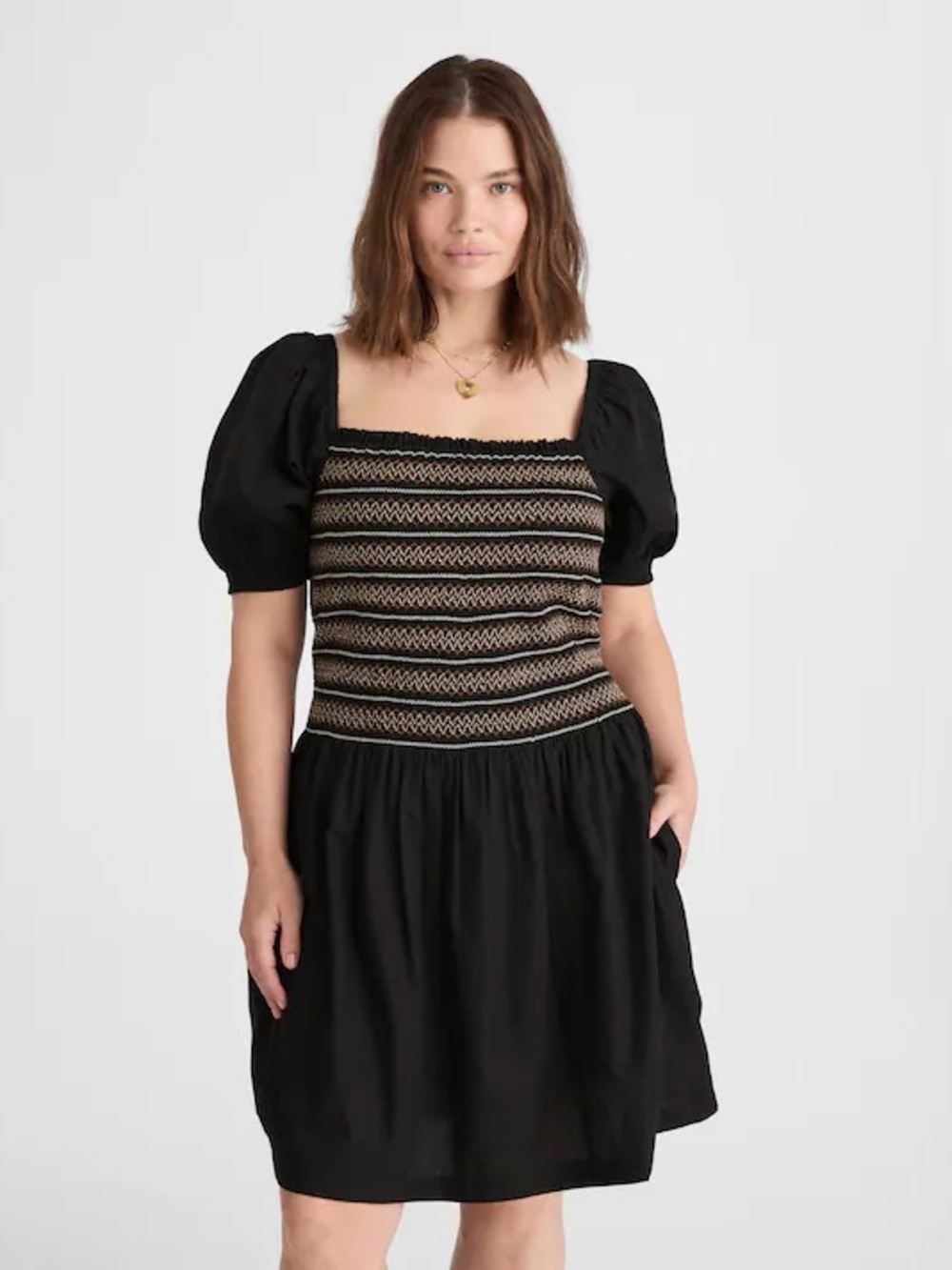 Madewell Poplin Puff-Sleeve Black Smocked Mini Dress